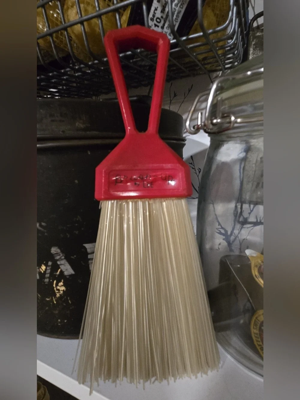 Vintage Red Handheld Kitchen Brush with Cream Bristles VTG by Lee Brush Up